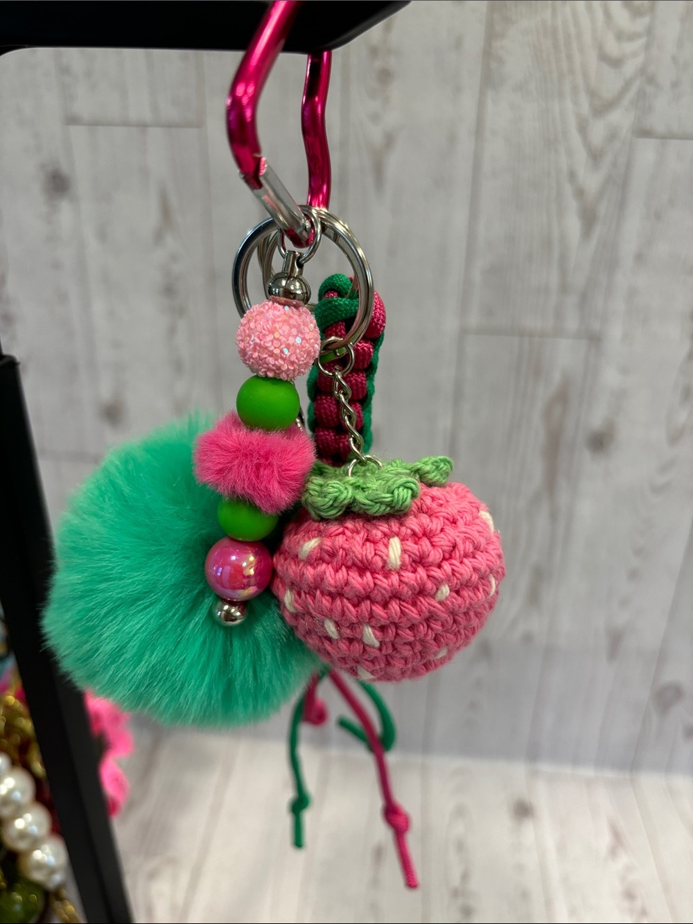 Handmade Pink & Green Strawberry Pom Pom Keychain Charm